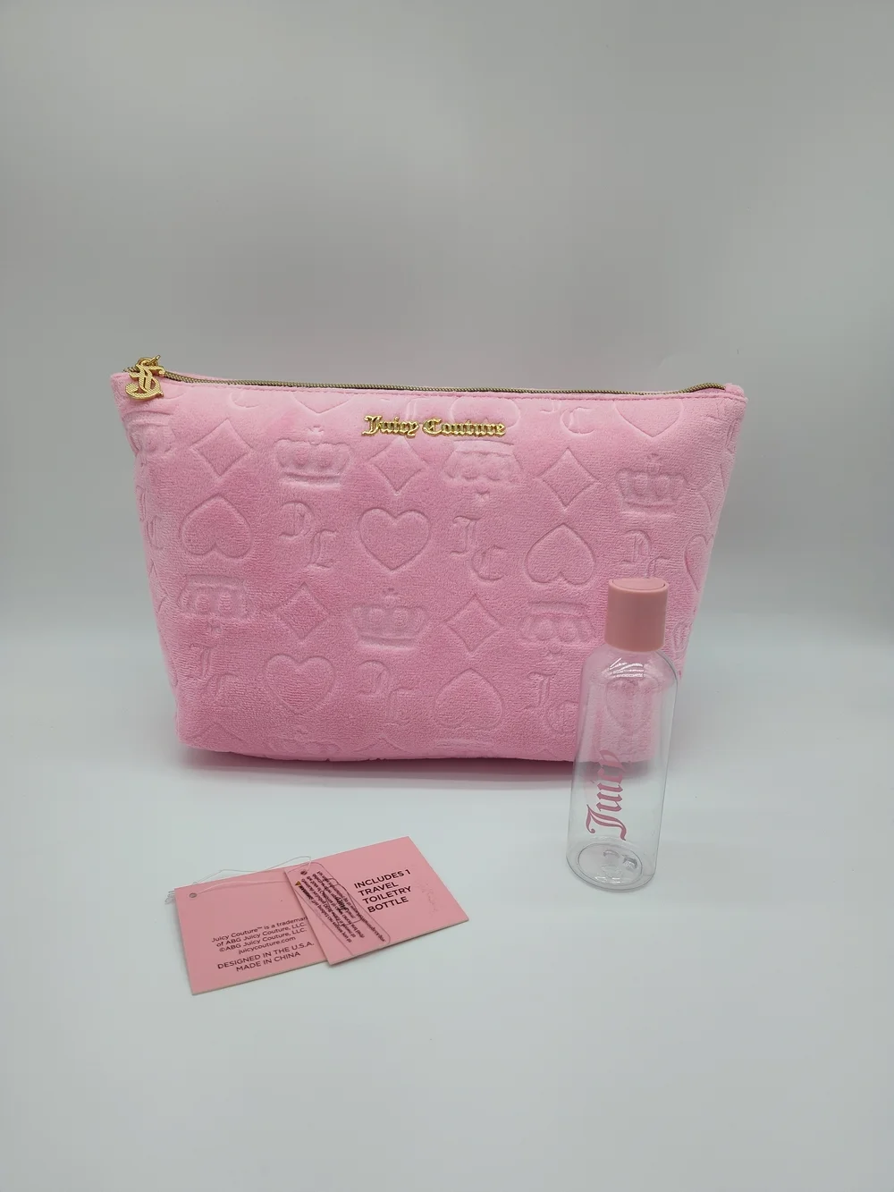 JUICY COUTURE Pink Velour Monogram Cosmetic Bag Travel Bottle NWT